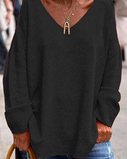 Solid Color V-Neck Long Sleeve Casual T-Shirt