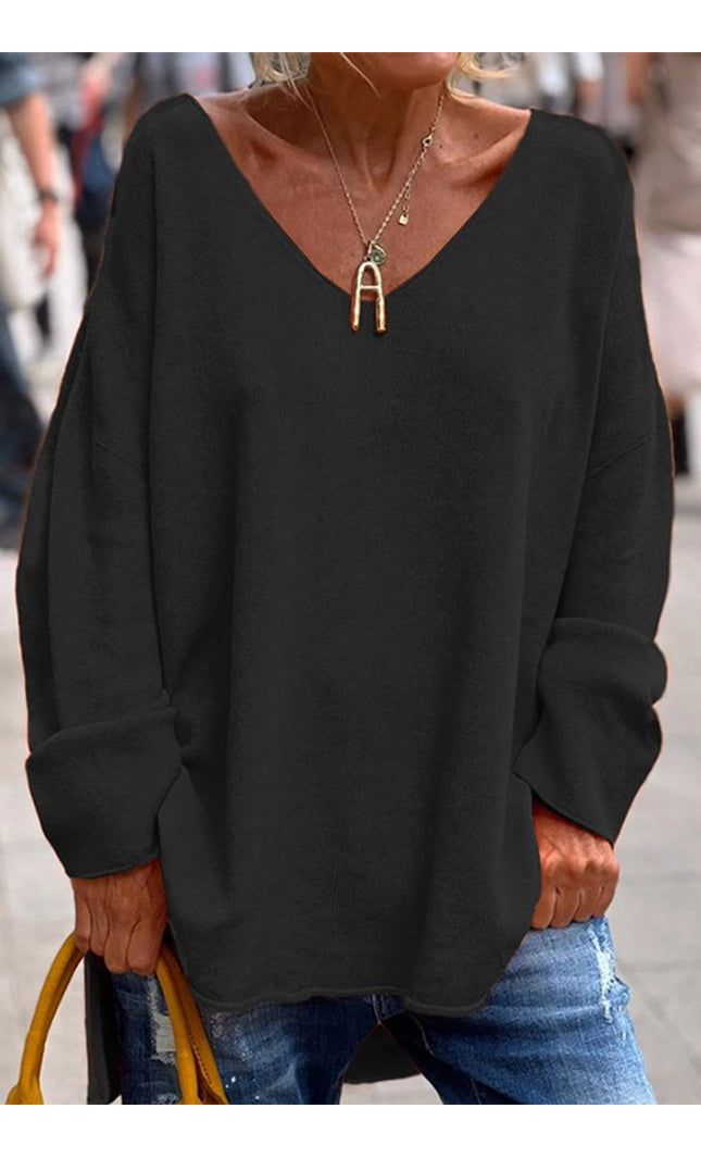 Solid Color V-Neck Long Sleeve Casual T-Shirt