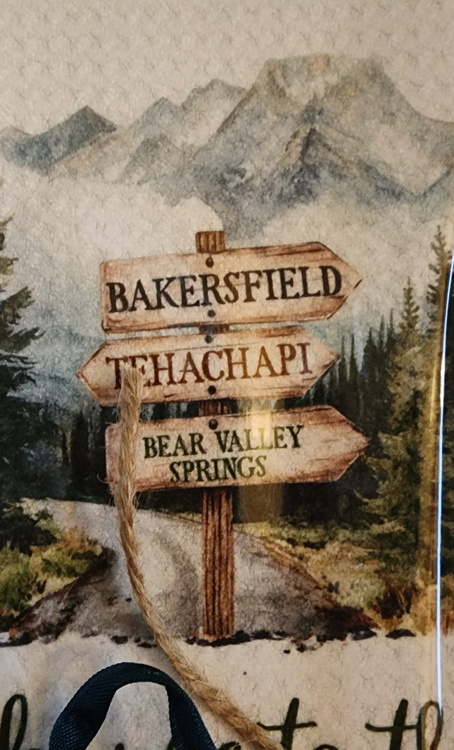 Mountain Sign Kitchen Towel Hiking Cabin