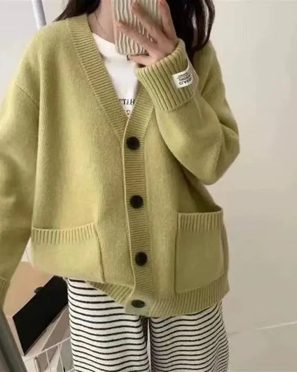 Vintage Loose Fit Rolled Sleeve Patch Pocket Cardigan Sweater