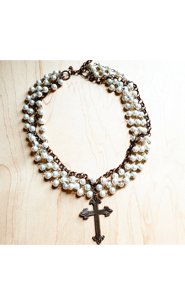 Pearl and Copper Beaded Collar Necklace with Copper Cross