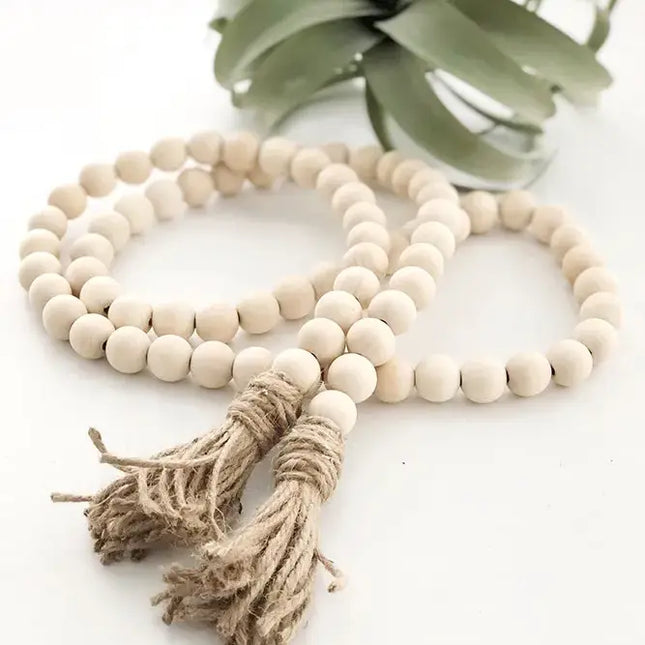Wooden Bead Home Decor Hanging Pendant with Linen, Cream colored Tassel