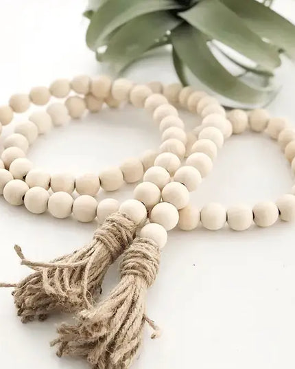 Wooden Bead Home Decor Hanging Pendant with Linen, Cream colored Tassel