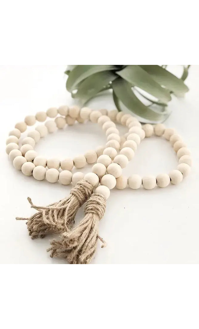 Wooden Bead Home Decor Hanging Pendant with Linen, Cream colored Tassel