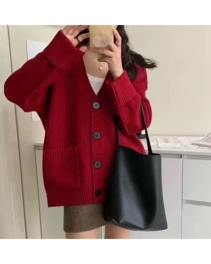 Vintage Loose Fit Rolled Sleeve Patch Pocket Cardigan Sweater