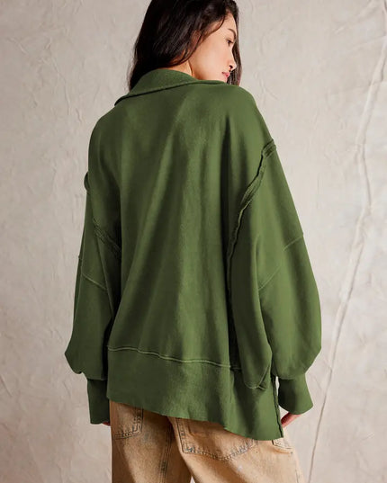 Design Sense Slit Lantern Sleeve Polo Collar Hoodie