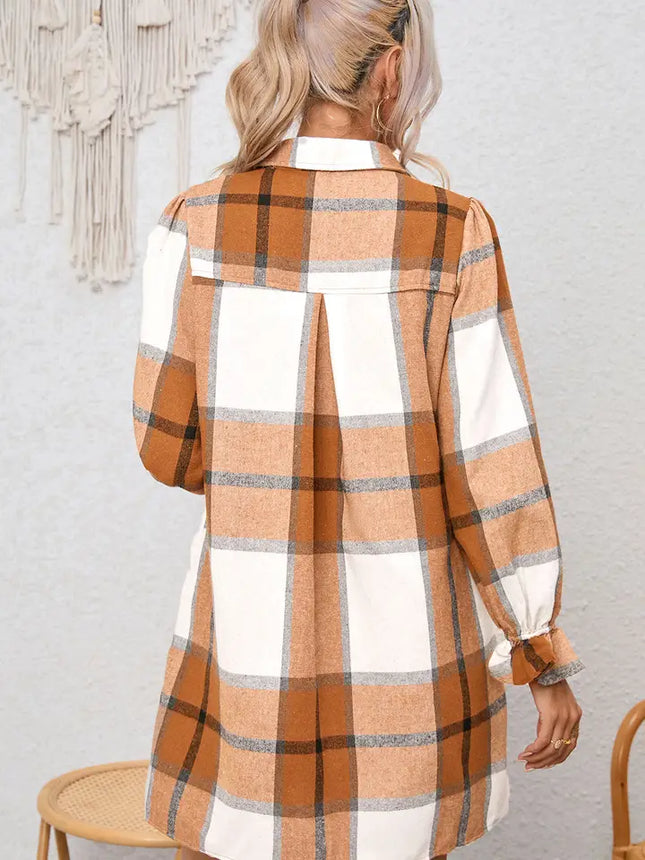 Elise Plaid Pattern Collared Neck Ruffled Sleeve Shirt Dress