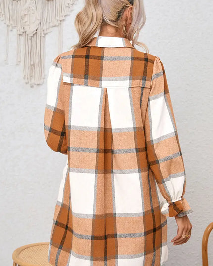 Elise Plaid Pattern Collared Neck Ruffled Sleeve Shirt Dress