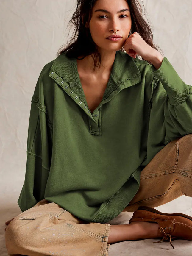 Design Sense Slit Lantern Sleeve Polo Collar Hoodie