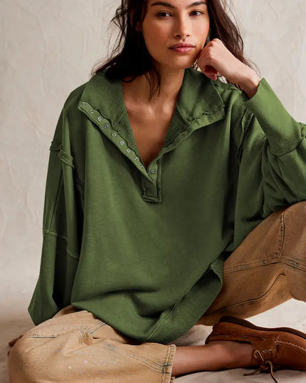 Design Sense Slit Lantern Sleeve Polo Collar Hoodie