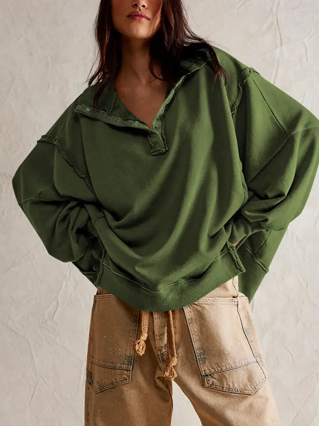 Design Sense Slit Lantern Sleeve Polo Collar Hoodie