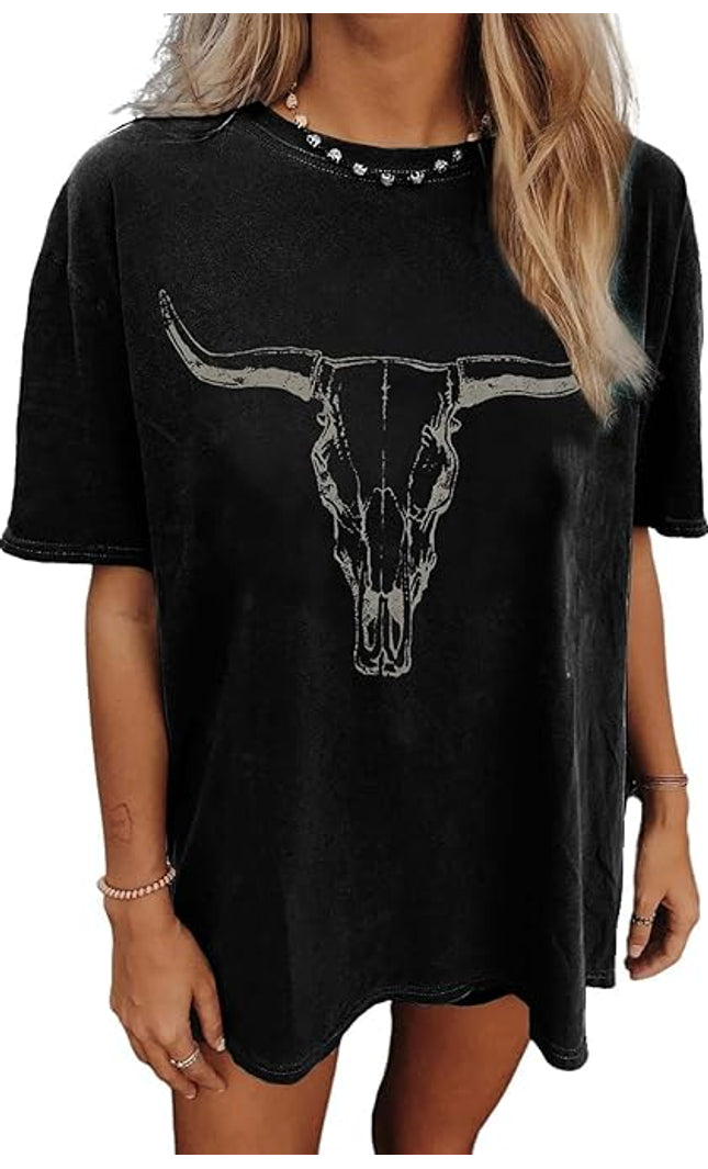 Cow Skull Oversized T Shirt - Black