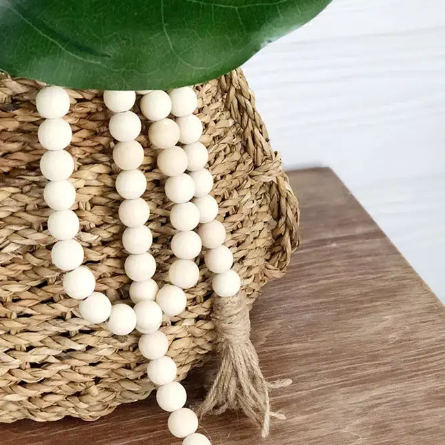 Wooden Bead Home Decor Hanging Pendant with Linen, Cream colored Tassel