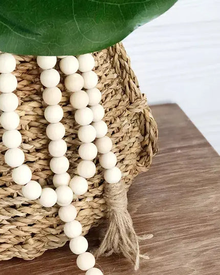 Wooden Bead Home Decor Hanging Pendant with Linen, Cream colored Tassel