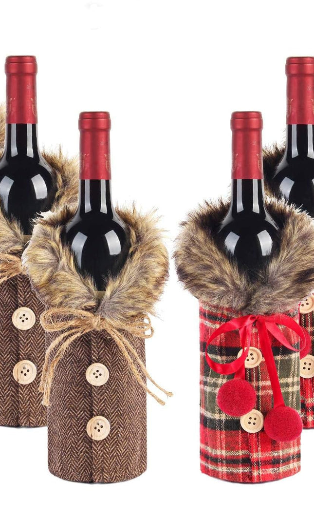Christmas Sweater Plaid Wine Bottle Covers With Faux Fur Collar