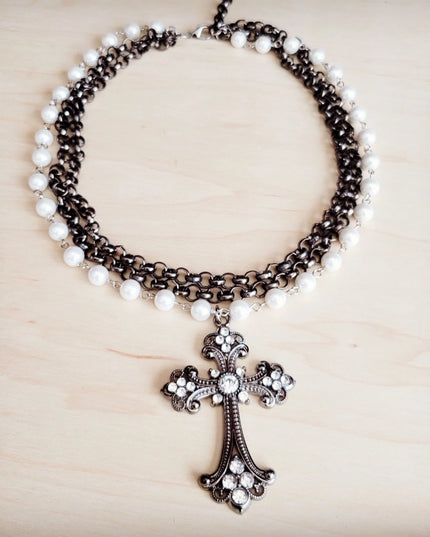 Gunmetal and Pearl Beaded Collar Necklace w/ Cross