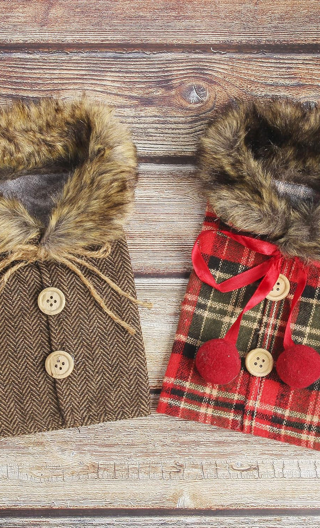Christmas Sweater Plaid Wine Bottle Covers With Faux Fur Collar