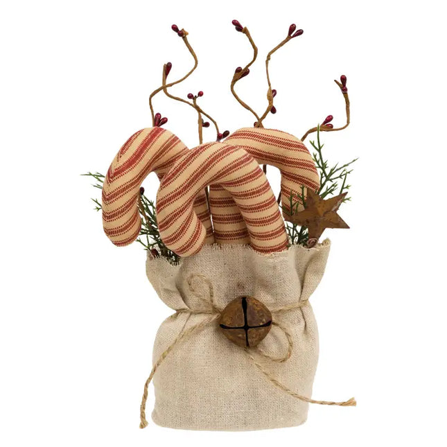 Stuffed Ticking Stripe Candy Canes & Greenery Goody Bag