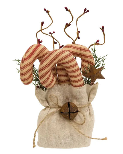 Stuffed Ticking Stripe Candy Canes & Greenery Goody Bag