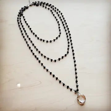 Faceted Glass Beaded Triple Strand Layering Necklace w/ Pendant