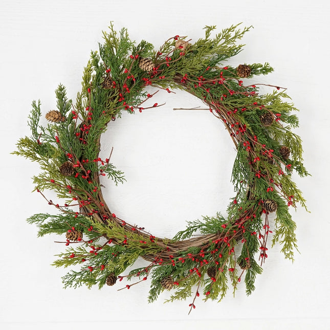 24in Evergreen Pine with Red Pips Wreath