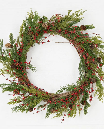 24in Evergreen Pine with Red Pips Wreath