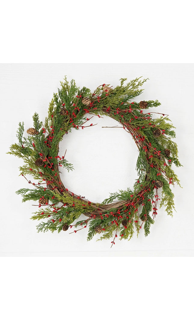 24in Evergreen Pine with Red Pips Wreath