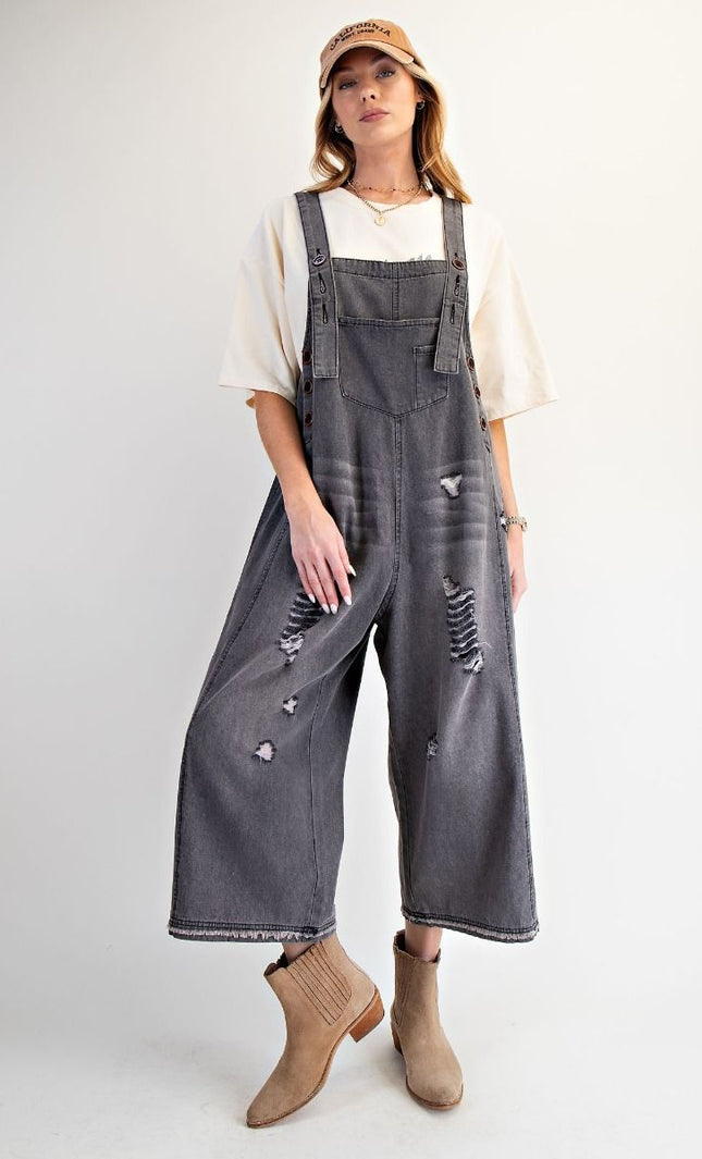 Washed Denim Loose Fit Overalls - Black