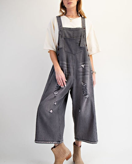Washed Denim Loose Fit Overalls - Black