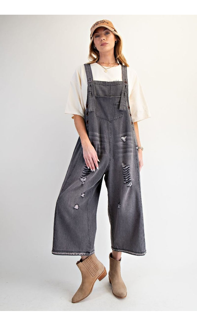 Washed Denim Loose Fit Overalls - Black