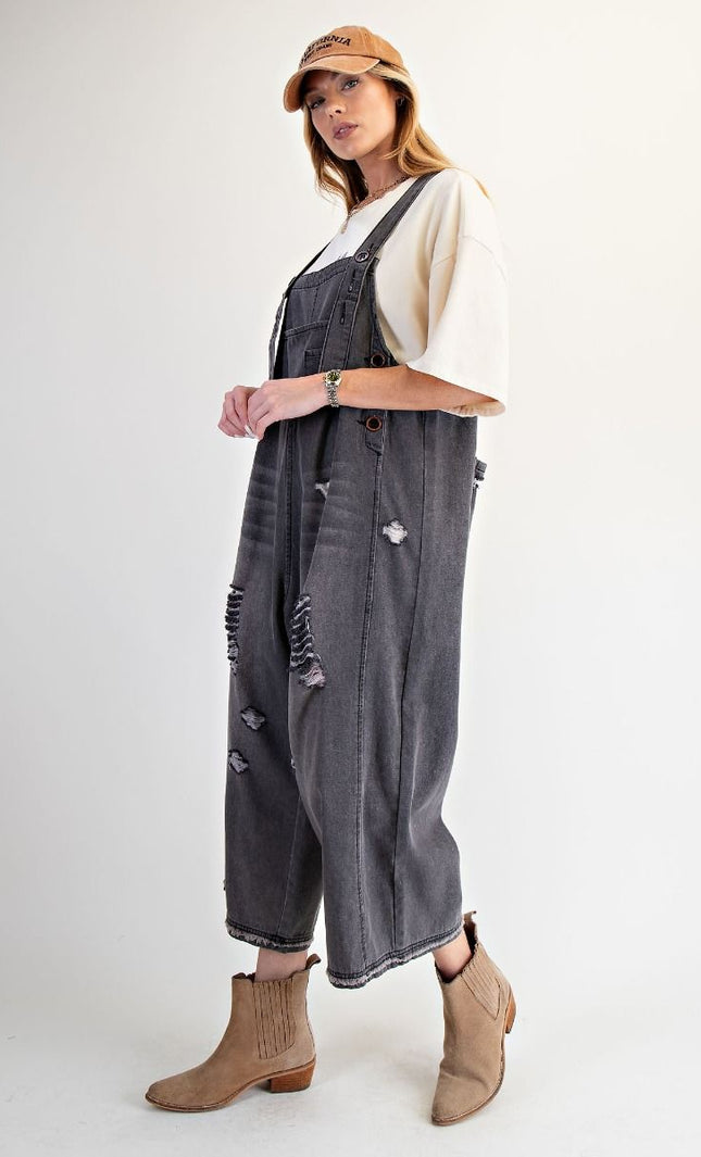 Washed Denim Loose Fit Overalls - Black