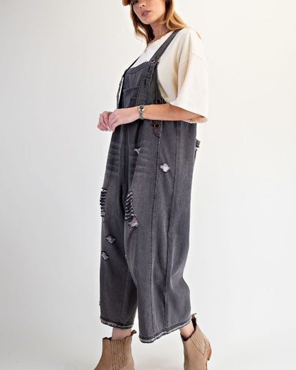 Washed Denim Loose Fit Overalls - Black