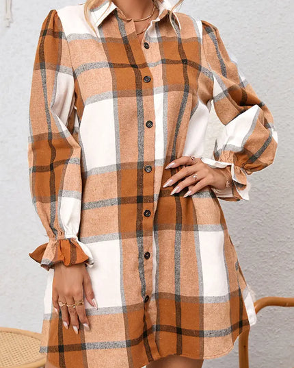 Elise Plaid Pattern Collared Neck Ruffled Sleeve Shirt Dress