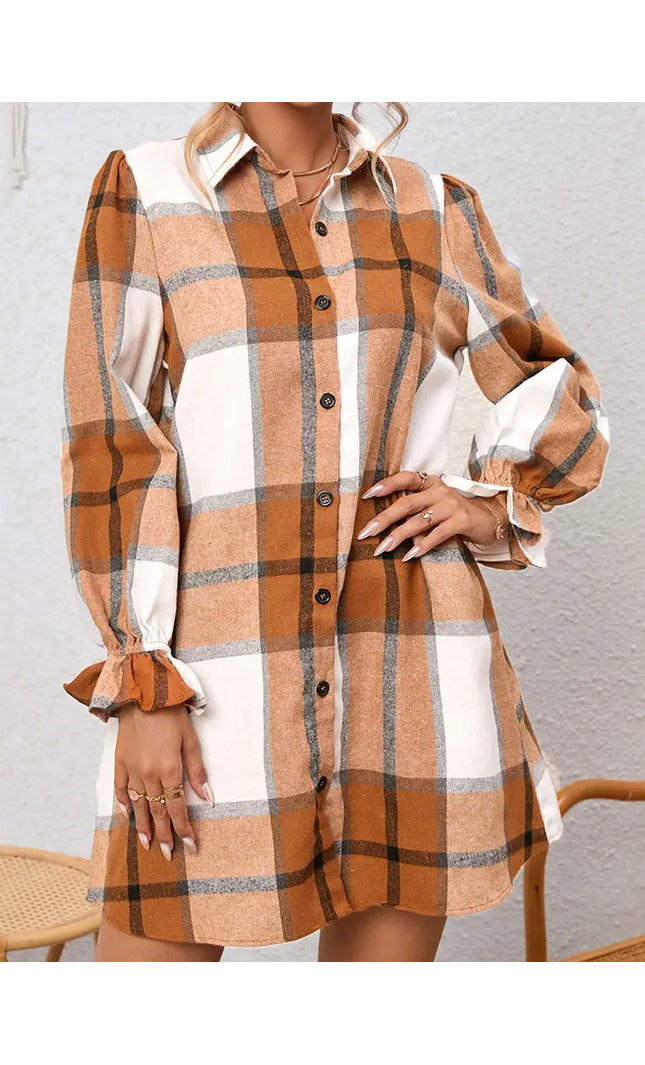 Elise Plaid Pattern Collared Neck Ruffled Sleeve Shirt Dress