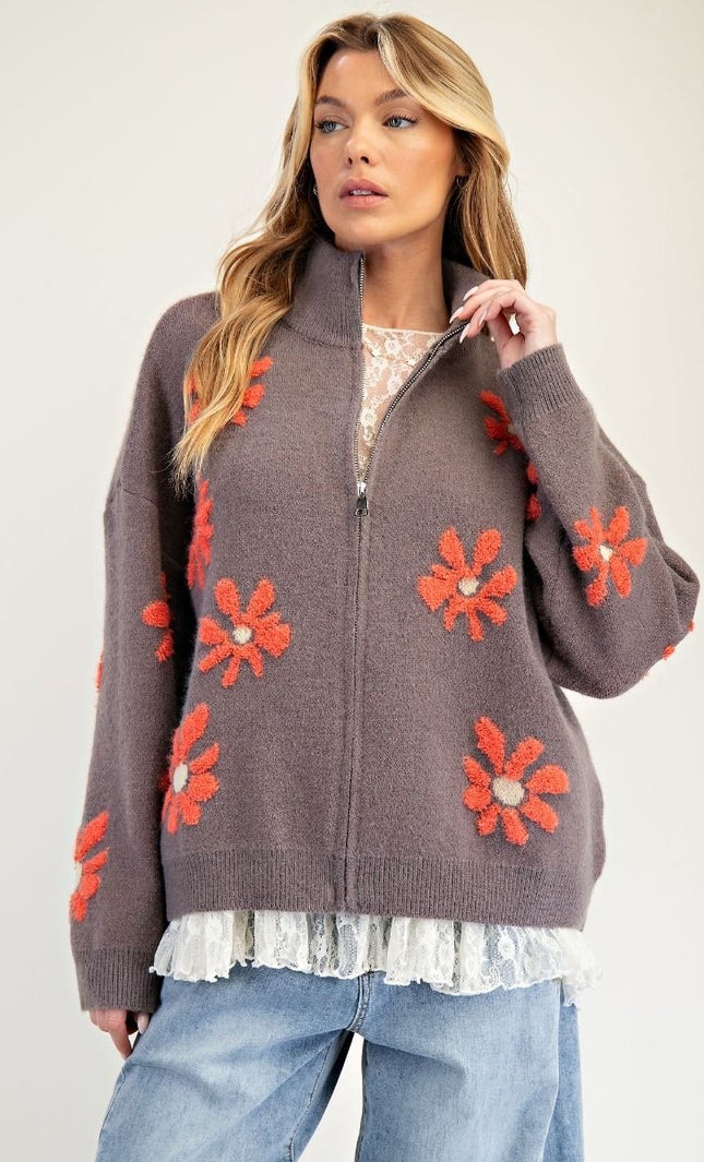 Floral Pattern Zip Up Knit Sweater Cardigan