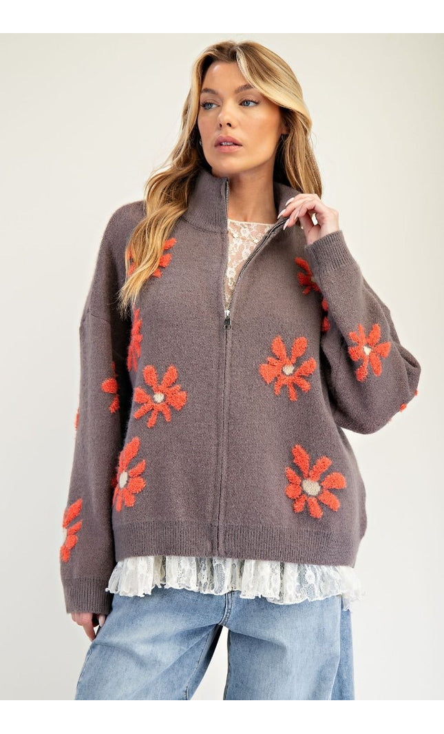 Floral Pattern Zip Up Knit Sweater Cardigan