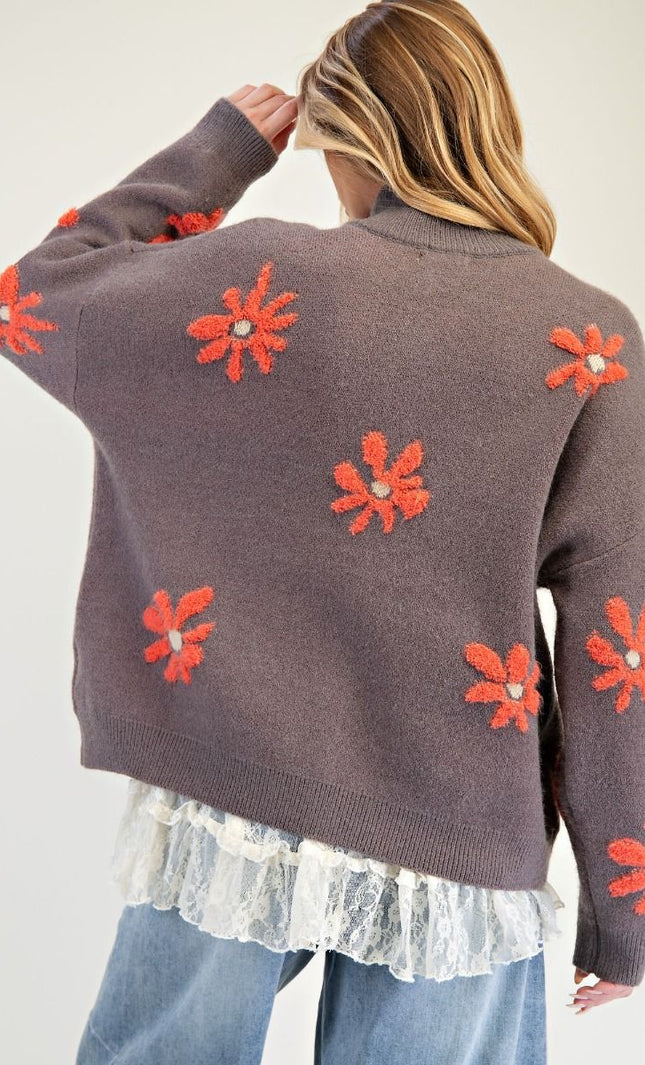 Floral Pattern Zip Up Knit Sweater Cardigan