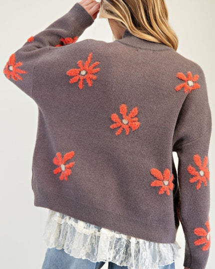 Floral Pattern Zip Up Knit Sweater Cardigan
