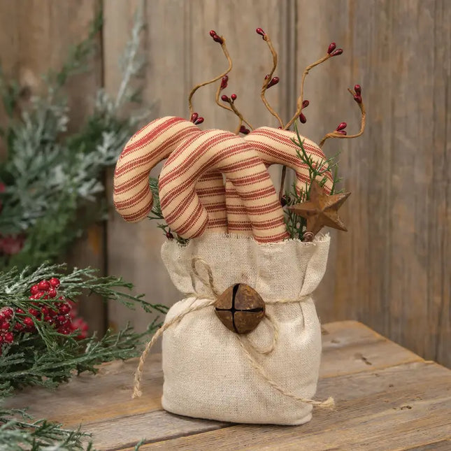 Stuffed Ticking Stripe Candy Canes & Greenery Goody Bag