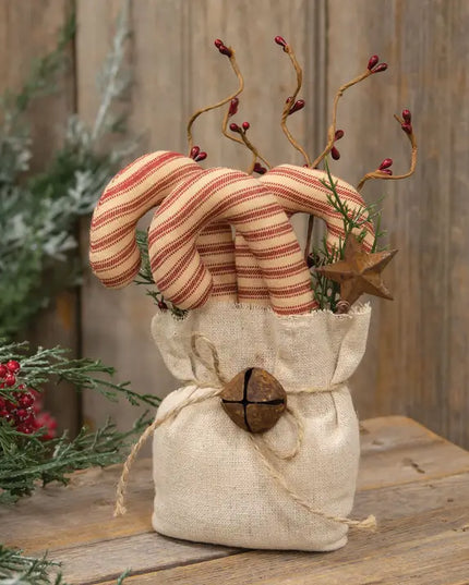 Stuffed Ticking Stripe Candy Canes & Greenery Goody Bag