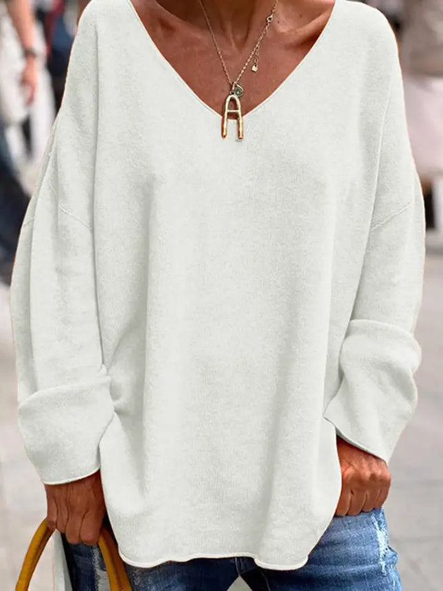 Solid Color V-Neck Long Sleeve Casual T-Shirt