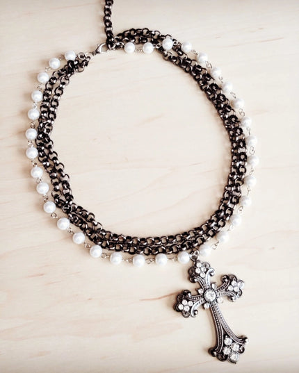 Gunmetal and Pearl Beaded Collar Necklace w/ Cross