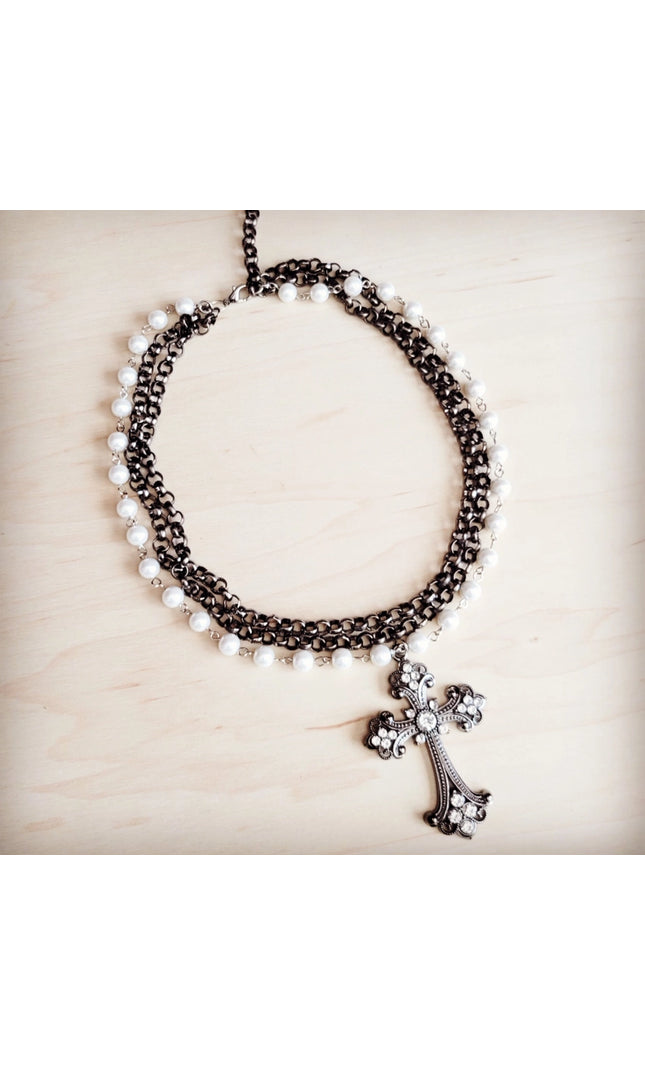 Gunmetal and Pearl Beaded Collar Necklace w/ Cross